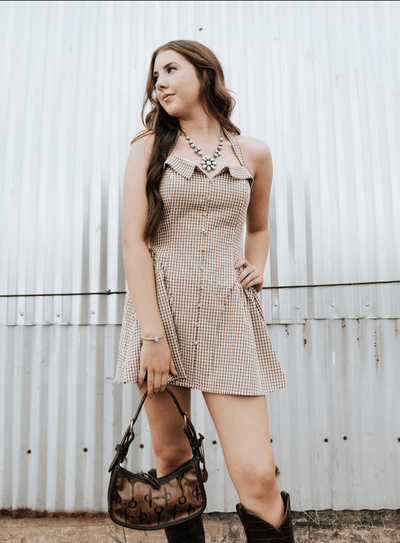 Brown/Cream Gingham Halter Mini Dress PD6513 - Southern Soule Designs
