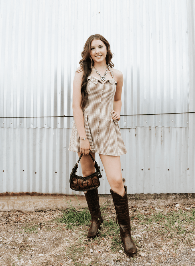 Brown/Cream Gingham Halter Mini Dress PD6513 - Southern Soule Designs