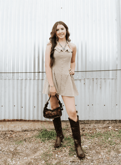 Brown/Cream Gingham Halter Mini Dress PD6513 - Southern Soule Designs