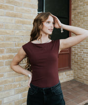 Burgundy Boat Neck Sleeveless Bodysuit MT20404 - Southern Soule Designs