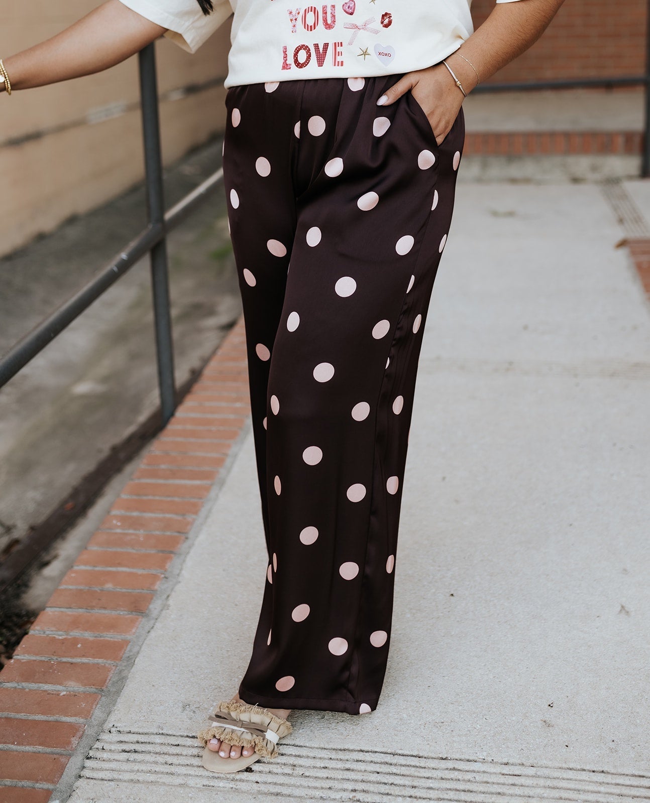 Burgundy/Pink Dots Wide-Leg Satin Pants DP58506 – Southern Soule