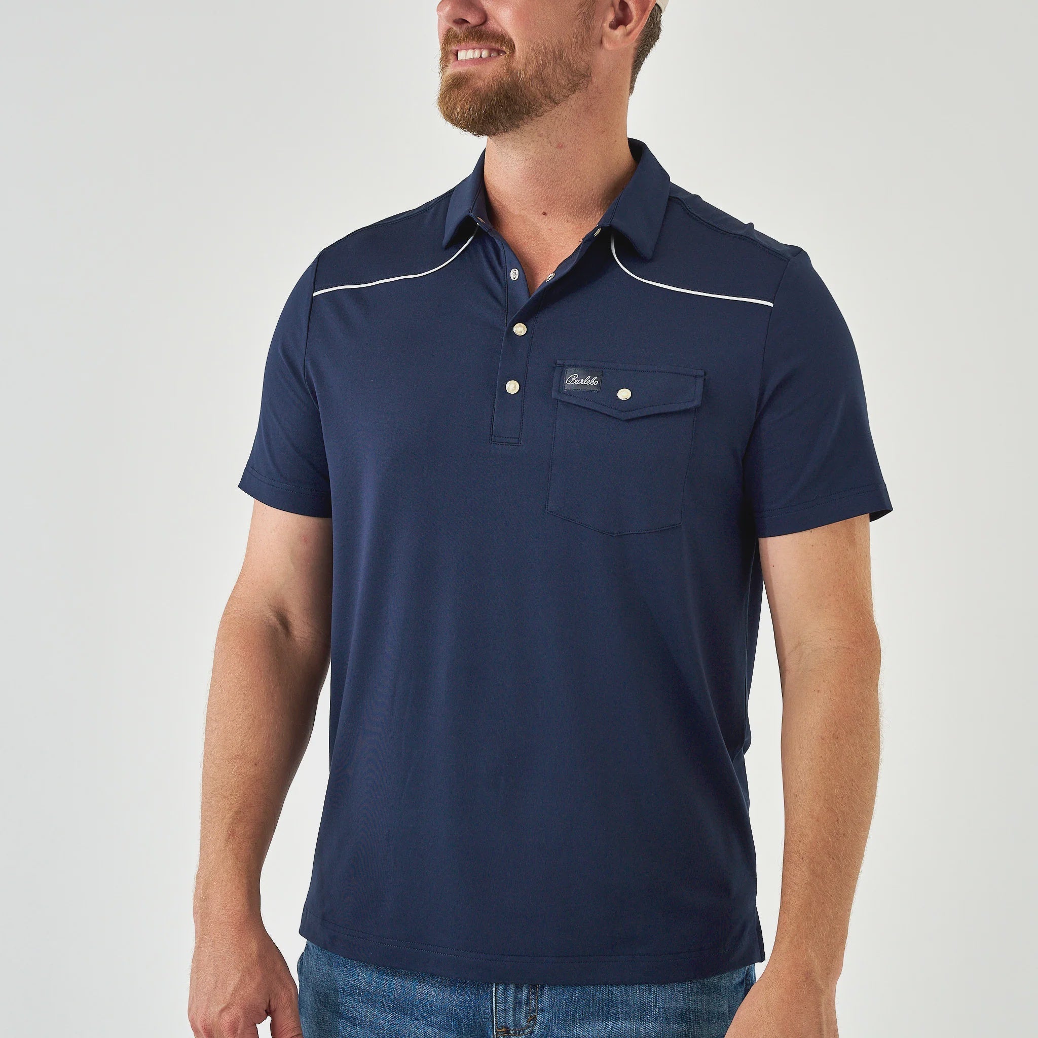 Burlebo Navy Pearl Snap Performance Polo - Southern Soule Designs
