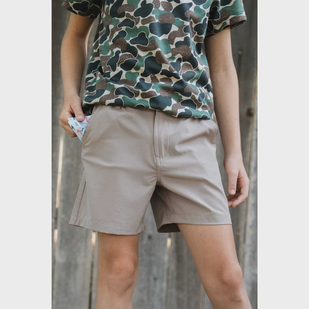 Burlebo Youth Cobblestone Khaki Everyday Shorts with The Great Outdoors Pocket - Southern Soule Designs