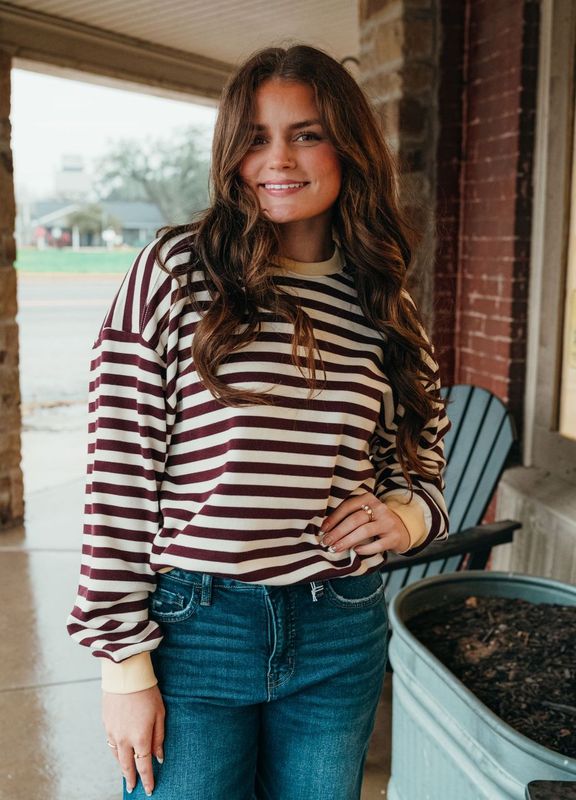 Butter Oversized Striped Crewneck Long Sleeve Top TBT13532 - Southern Soule Designs