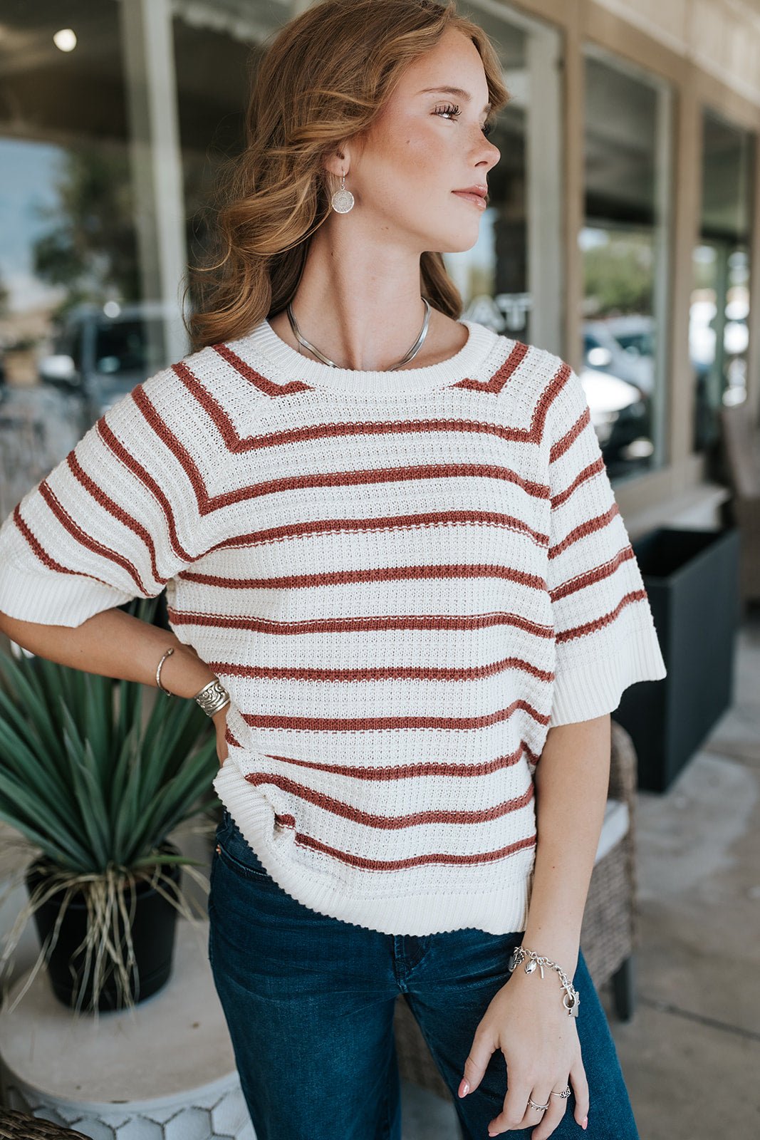 BY Mikala Short Sleeve Marsala Stripe Jumper 20818689 - Southern Soule Designs