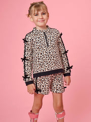 Girls Leopard Bow Sleeve Quarter Zip & Shorts Set