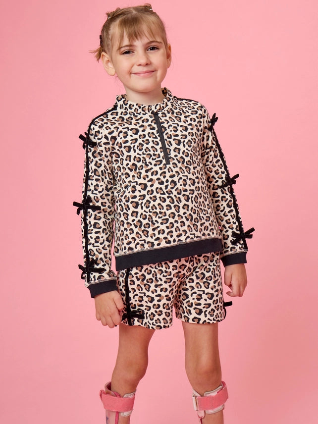 Girls Leopard Bow Sleeve Quarter Zip & Shorts Set