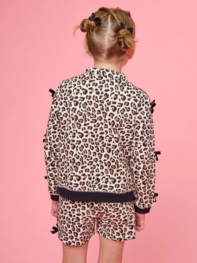 Girls Leopard Bow Sleeve Quarter Zip & Shorts Set