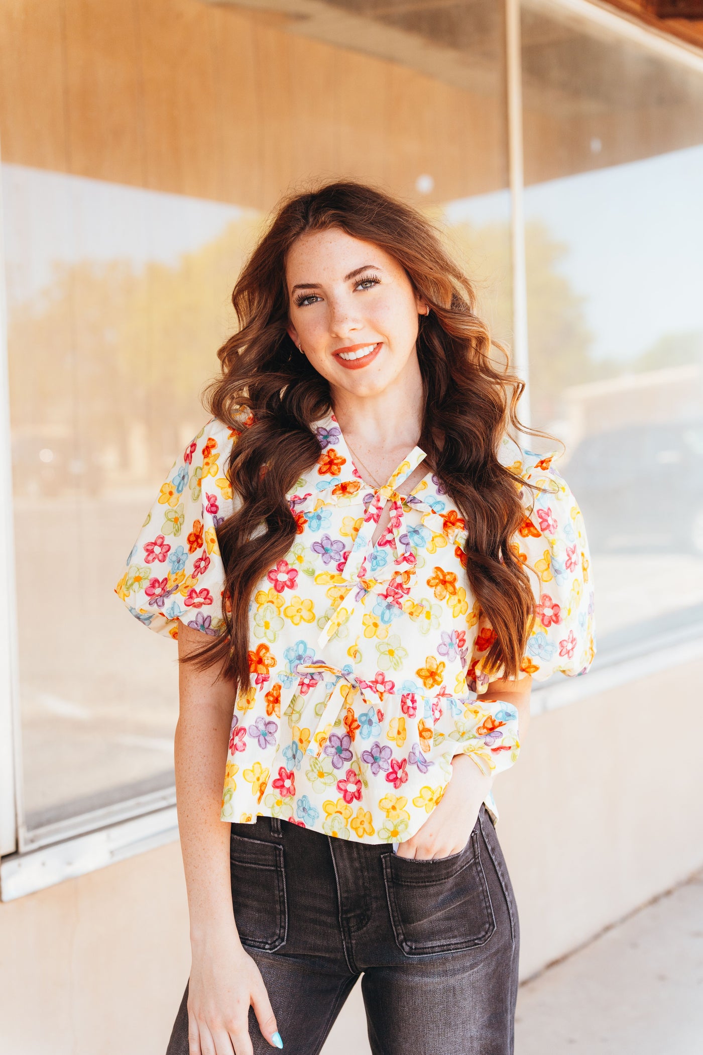 Multi Floral Short Bubble Sleeve Top T25777