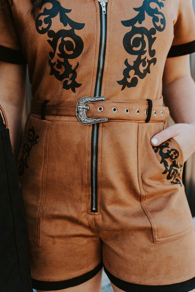 Camel Boot Stitch Belt Suede Romper - Southern Soule Designs