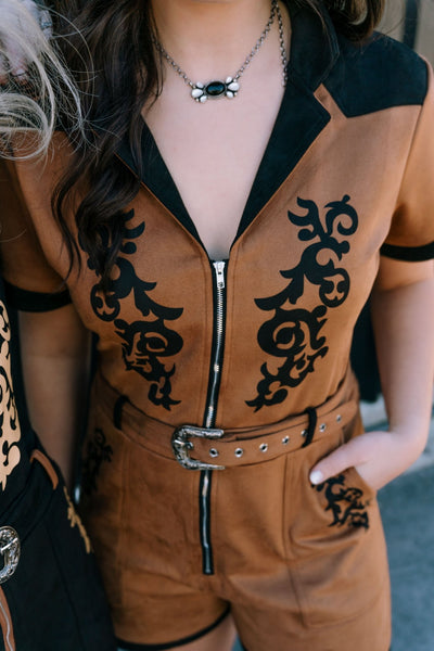Camel Boot Stitch Belt Suede Romper - Southern Soule Designs