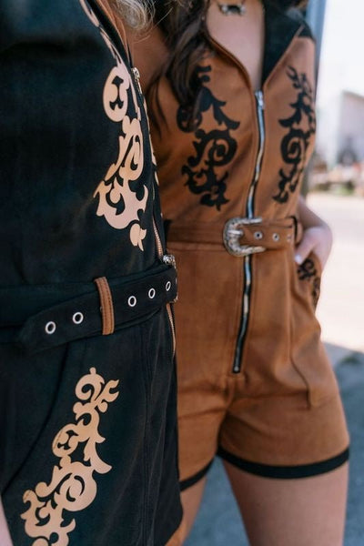 Camel Boot Stitch Belt Suede Romper - Southern Soule Designs