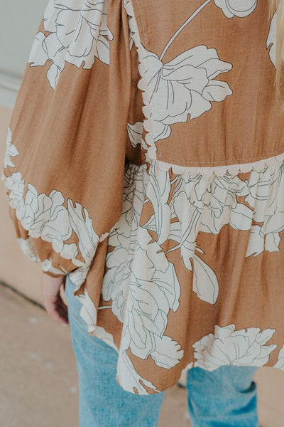 Camel Floral 3/4 Sleeve Top T25299 - Southern Soule Designs
