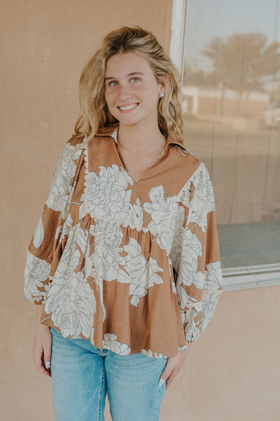 Camel Floral 3/4 Sleeve Top T25299 - Southern Soule Designs