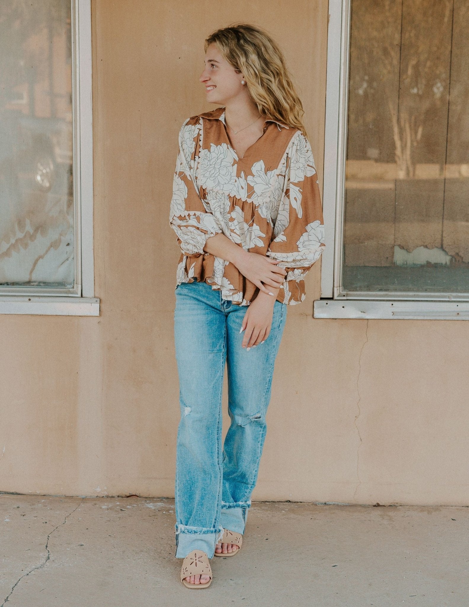 Camel Floral 3/4 Sleeve Top T25299 - Southern Soule Designs