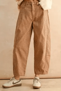 Camel/Chestnut Mini Checker Pattern Barrel Pants P5936 - Southern Soule Designs
