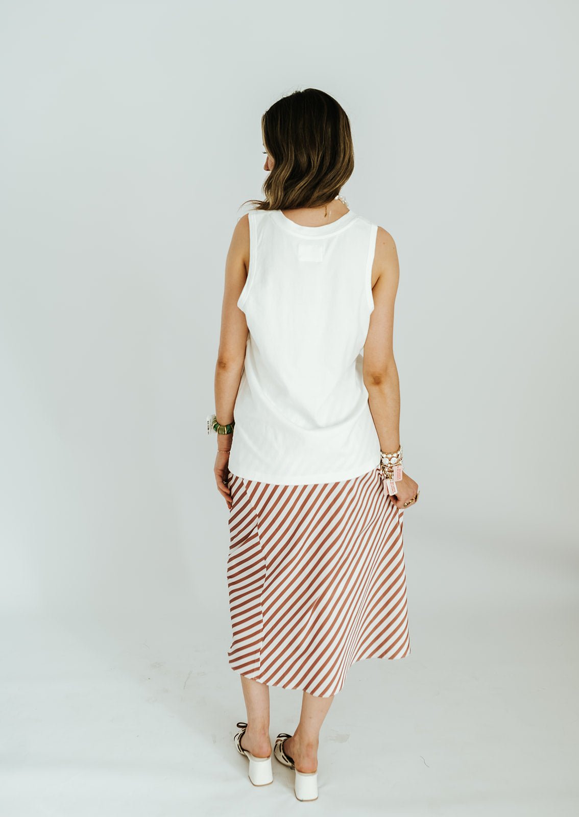 Camel/White Striped Satin Midi Skirt WL25-12201 - Southern Soule Designs