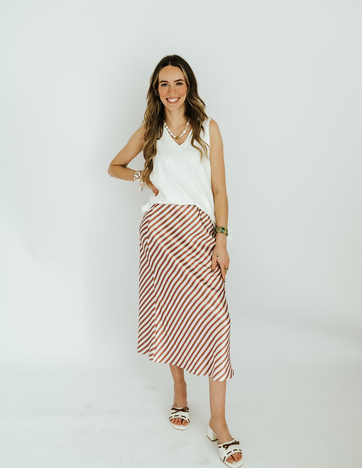 Camel/White Striped Satin Midi Skirt WL25-12201 - Southern Soule Designs