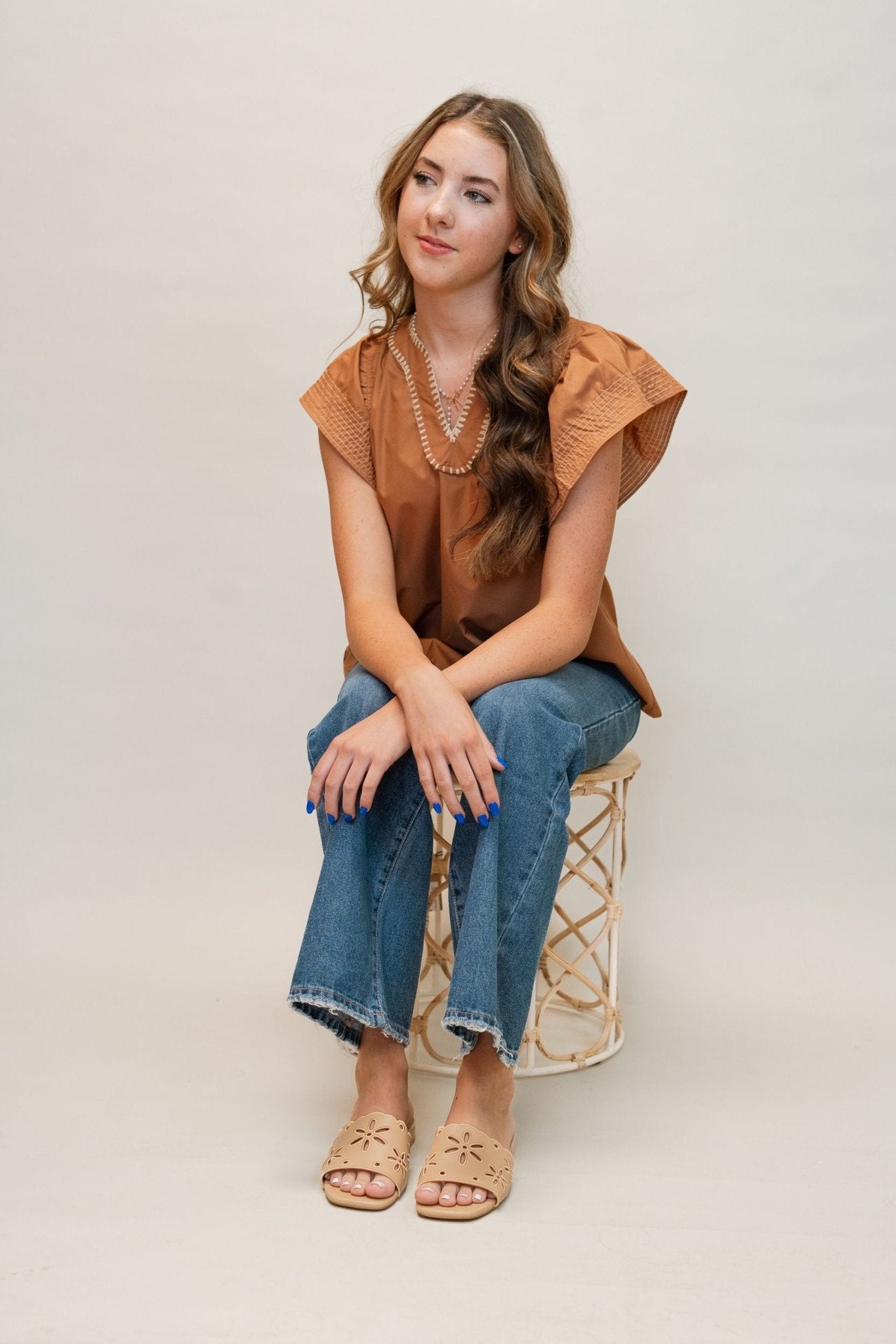 Carmael Ruffle V - Neck Blouse w/Contrast Stitching T2432 - Southern Soule Designs