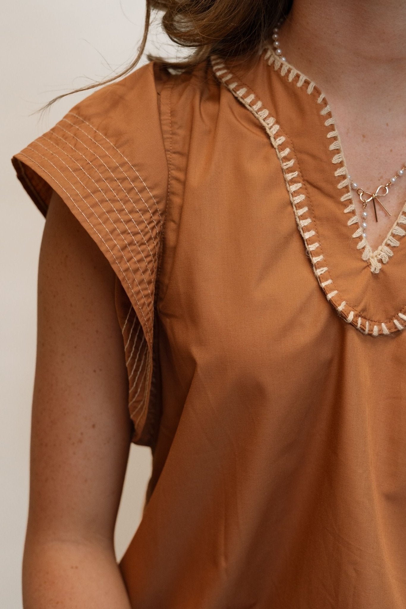 Carmael Ruffle V - Neck Blouse w/Contrast Stitching T2432 - Southern Soule Designs