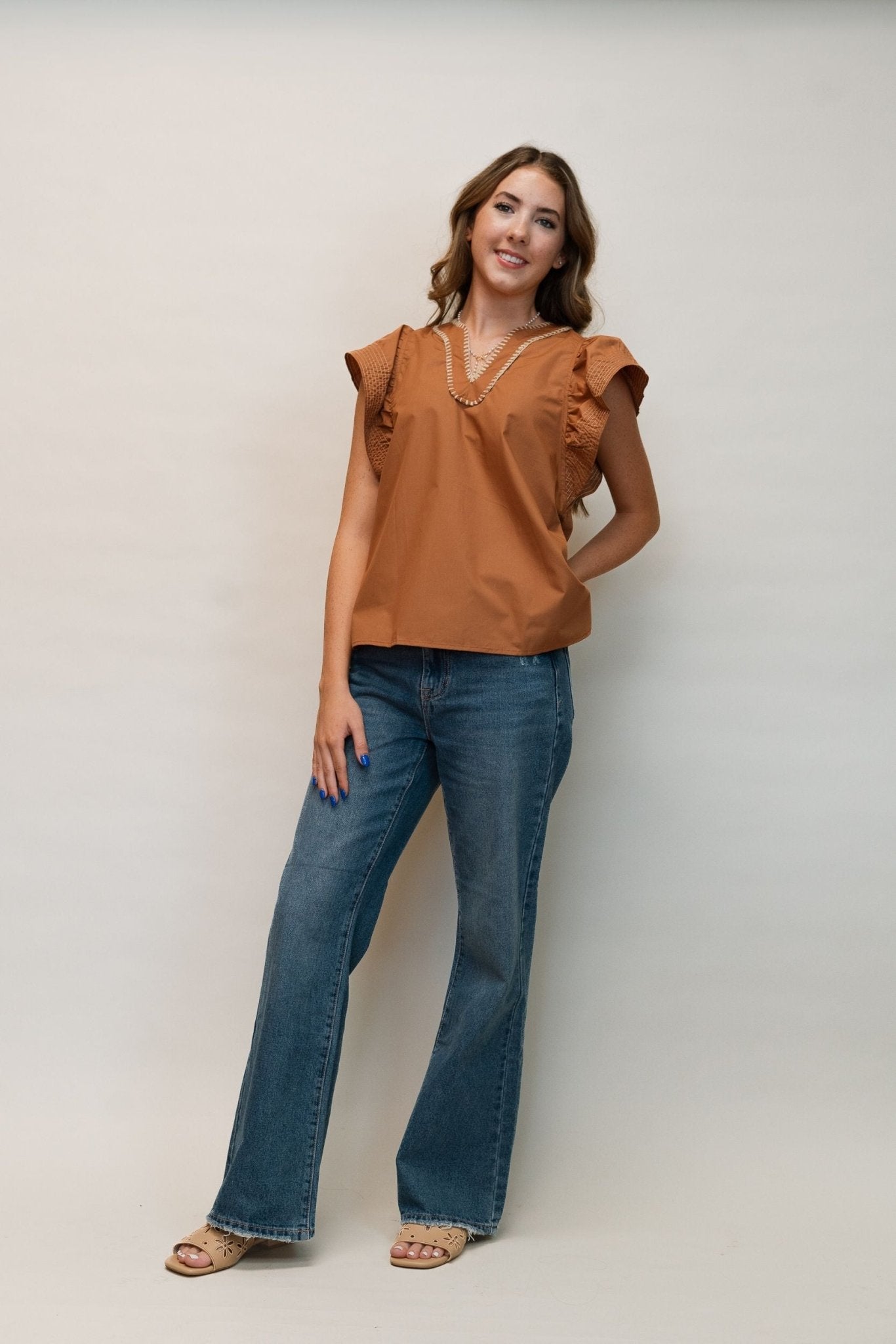 Carmael Ruffle V - Neck Blouse w/Contrast Stitching T2432 - Southern Soule Designs