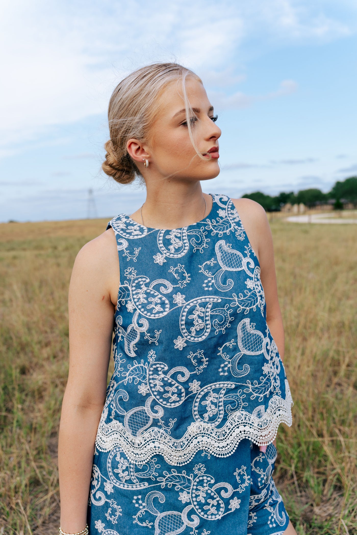 Denim Embroidered Sleeveless Top ILT5722