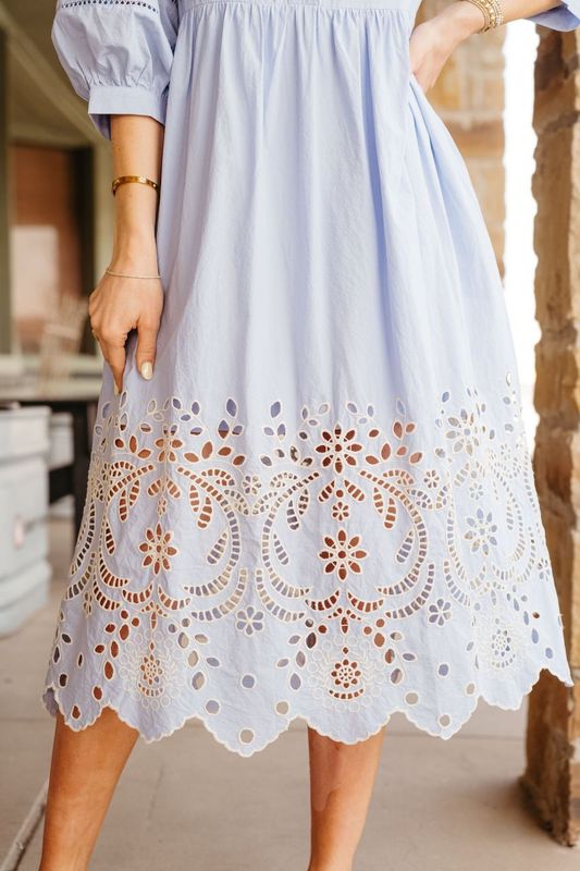 Chambray Midi Dress with Eyelet Embroidered Hem D25644 - Southern Soule Designs