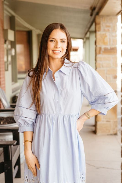 Chambray Midi Dress with Eyelet Embroidered Hem D25644 - Southern Soule Designs