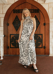 Champagne Flower Print Halter Neck Tie Flowy Maxi Dress LD1473 - CHM - Southern Soule Designs