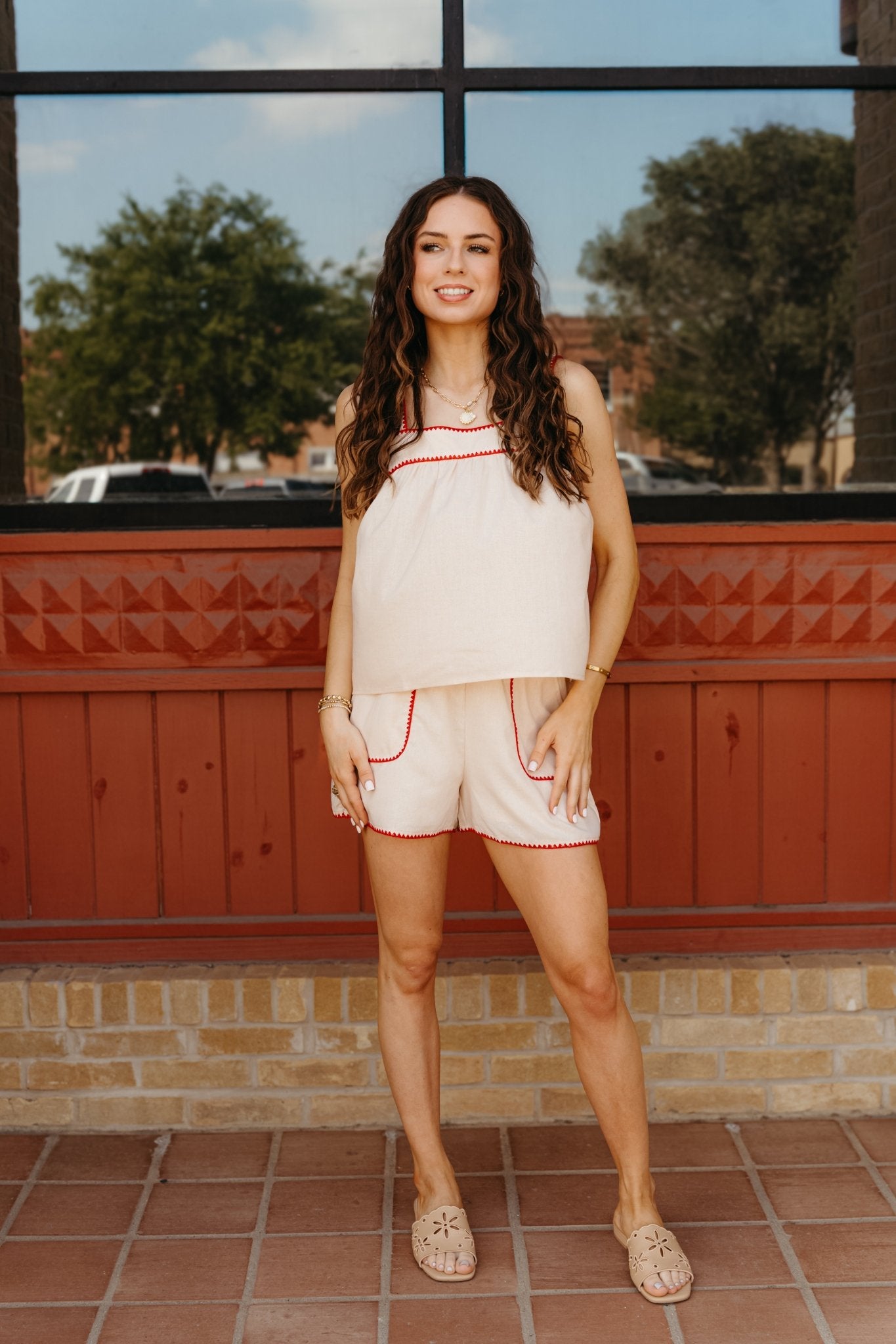 Champagne/Red Embroidered Tank and Shorts WL25 - 10117 - Southern Soule Designs