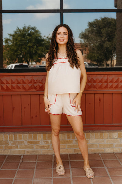 Champagne/Red Embroidered Tank and Shorts WL25 - 10117 - Southern Soule Designs