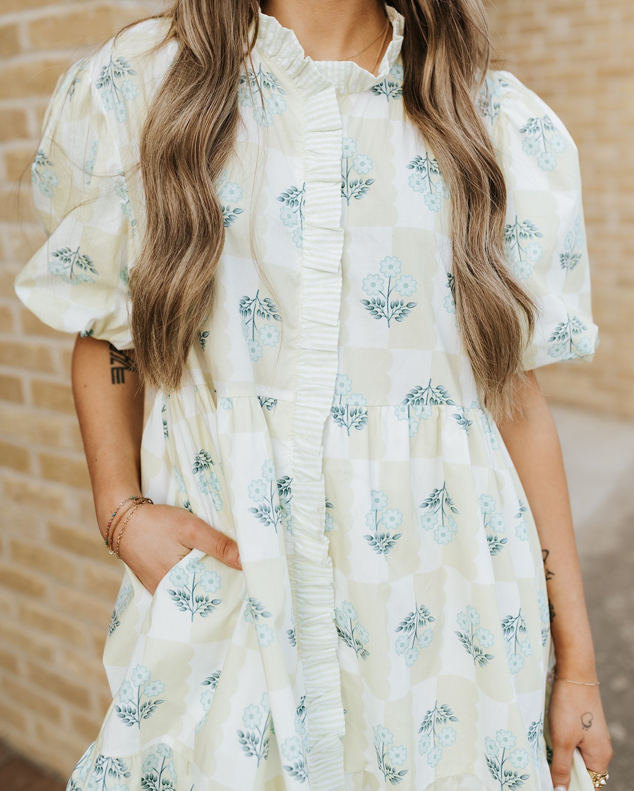 Chartreuse Plaid Floral Bubble Mini Dress ID300550 - 01 - Southern Soule Designs