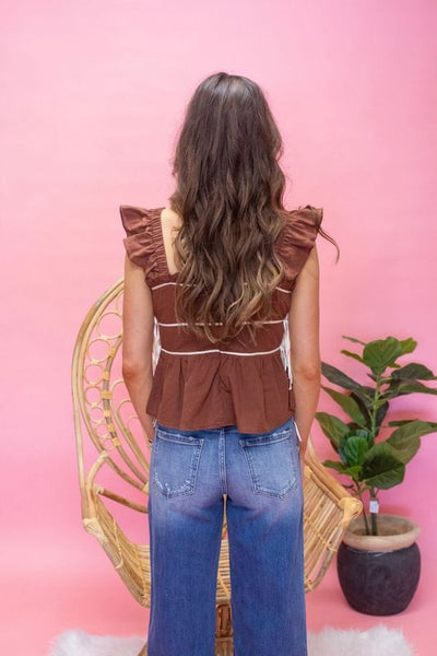 Choc Ruched Detail Ruffle Top CT8867 - Southern Soule Designs