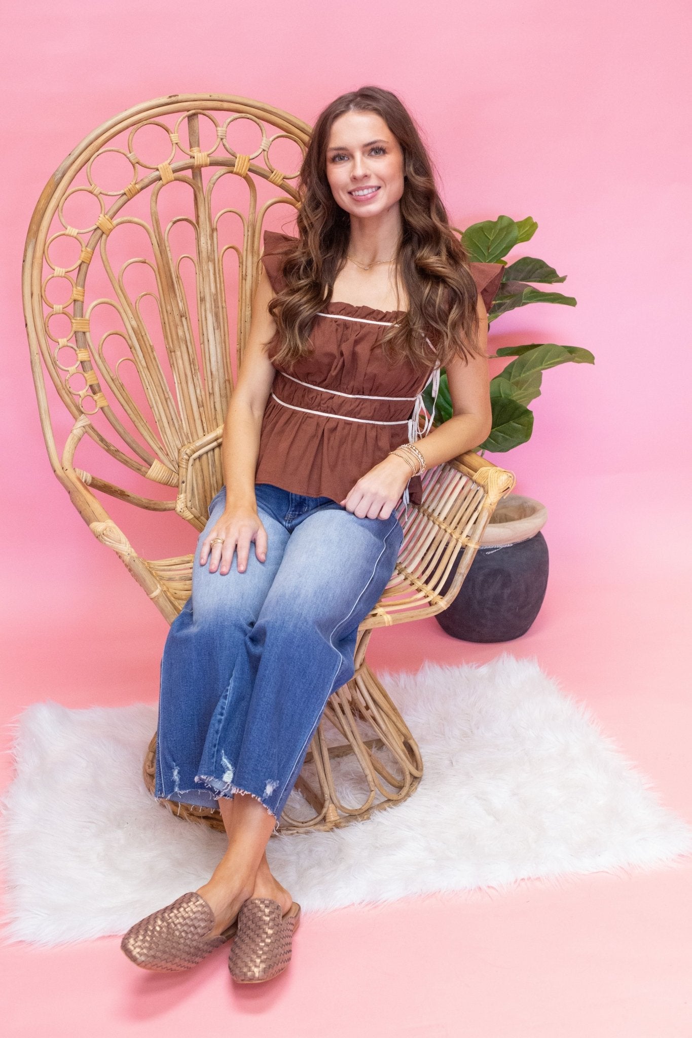 Choc Ruched Detail Ruffle Top CT8867 - Southern Soule Designs