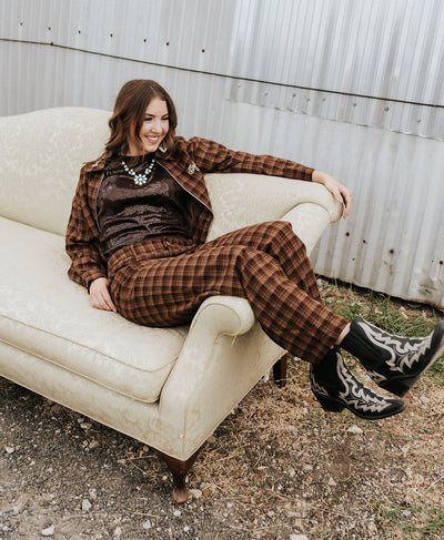 Chocolate Cowgirl Script Plaid Pant BRP3975 - Southern Soule Designs