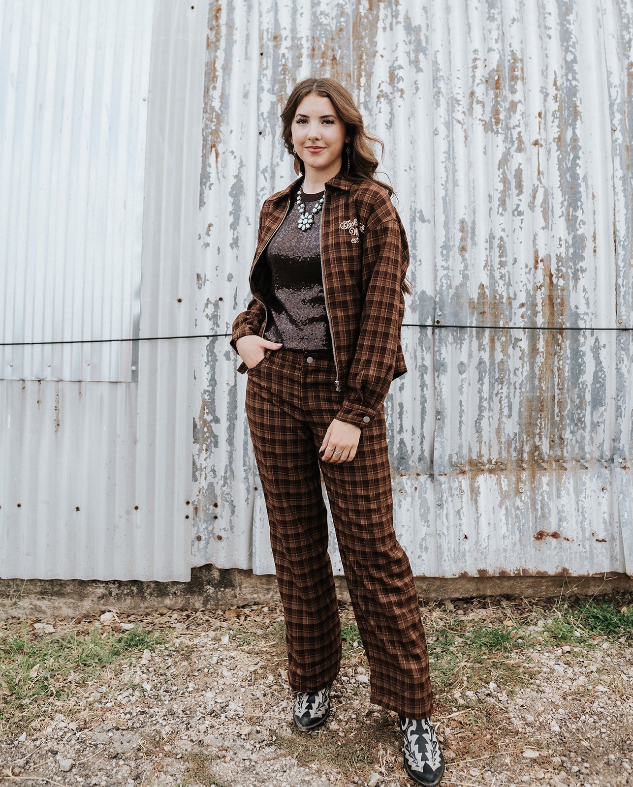 Chocolate Cowgirl Script Plaid Pant BRP3975 - Southern Soule Designs