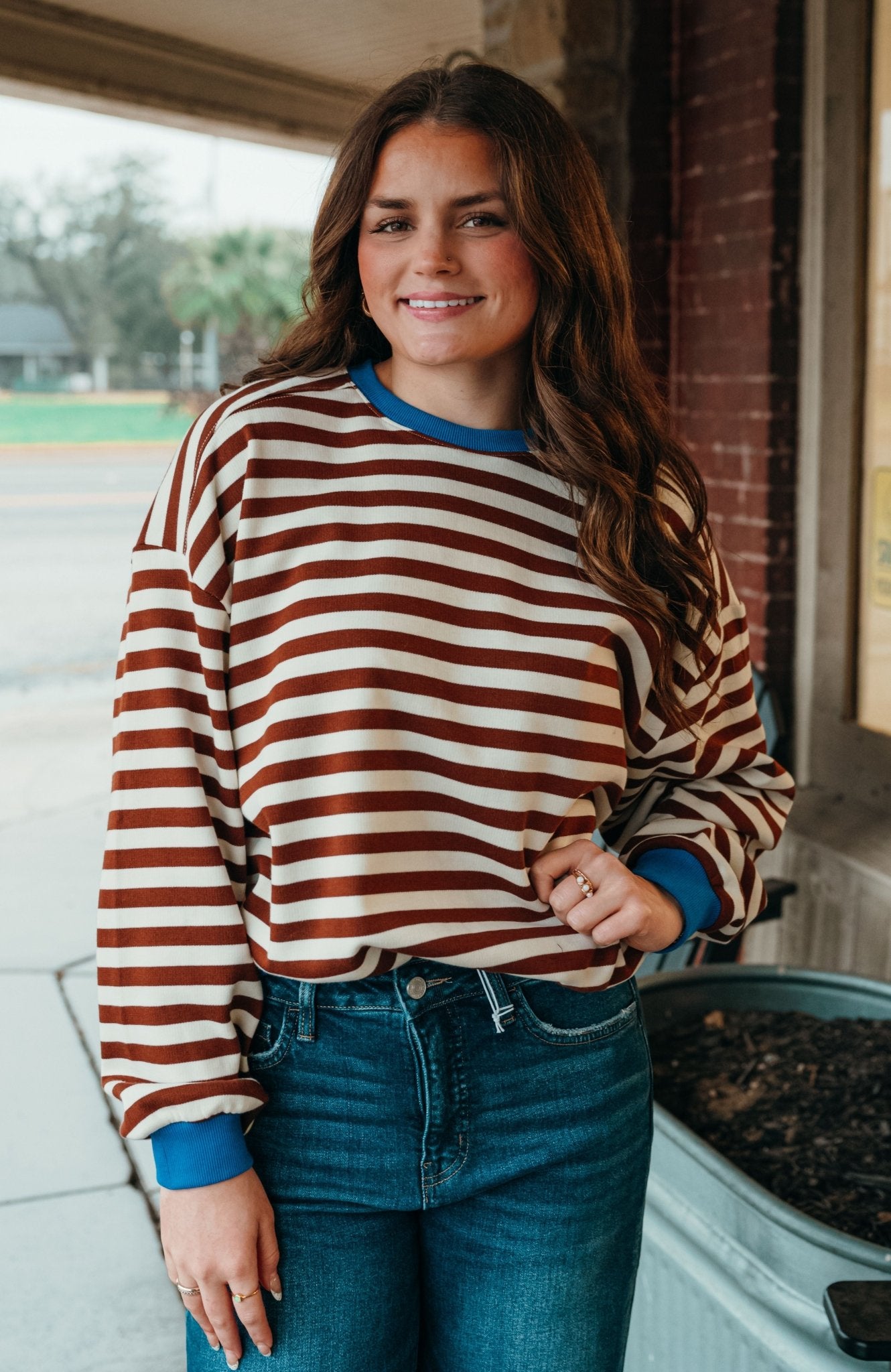 Chocolate Oversized Striped Crewneck Long Sleeve Top TBT13532 - Southern Soule Designs