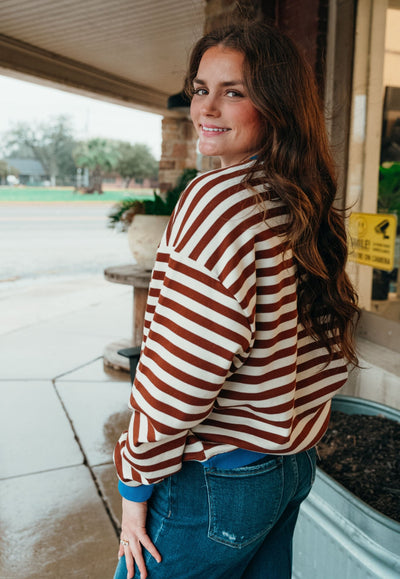 Chocolate Oversized Striped Crewneck Long Sleeve Top TBT13532 - Southern Soule Designs