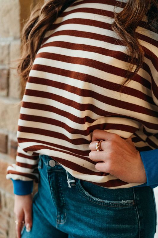 Chocolate Oversized Striped Crewneck Long Sleeve Top TBT13532 - Southern Soule Designs