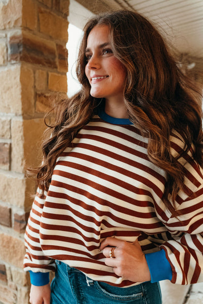 Chocolate Oversized Striped Crewneck Long Sleeve Top TBT13532 - Southern Soule Designs