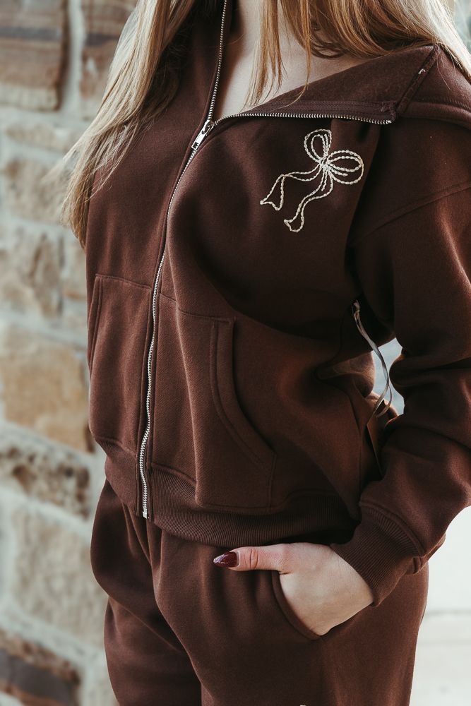 Chocolate Ribbon Embroidered Zip - Up Hoodie BRT3189 - Southern Soule Designs