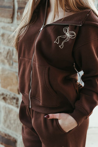 Chocolate Ribbon Embroidered Zip - Up Hoodie BRT3189 - Southern Soule Designs