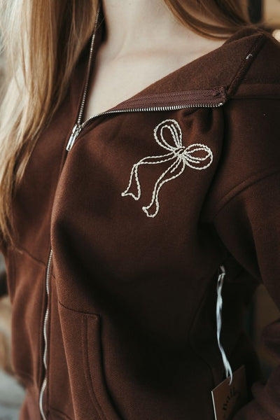 Chocolate Ribbon Embroidered Zip - Up Hoodie BRT3189 - Southern Soule Designs