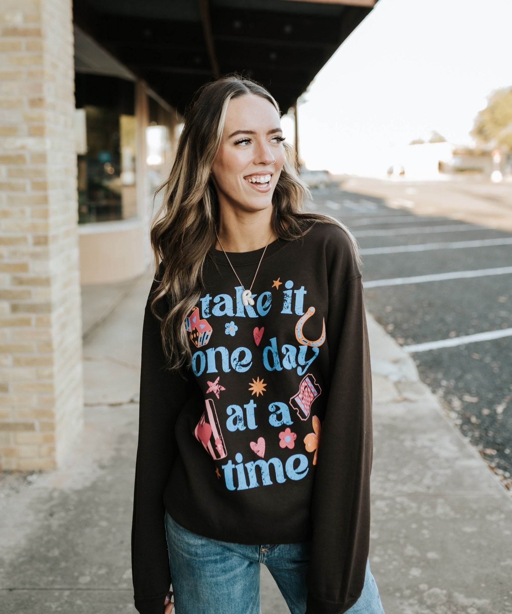 Chocolate Take it One Day at a Time Sweatshirt - Southern Soule Designs