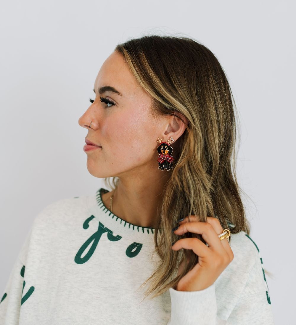 Christmas Dachshund Ribbon Post Earrings - Southern Soule Designs