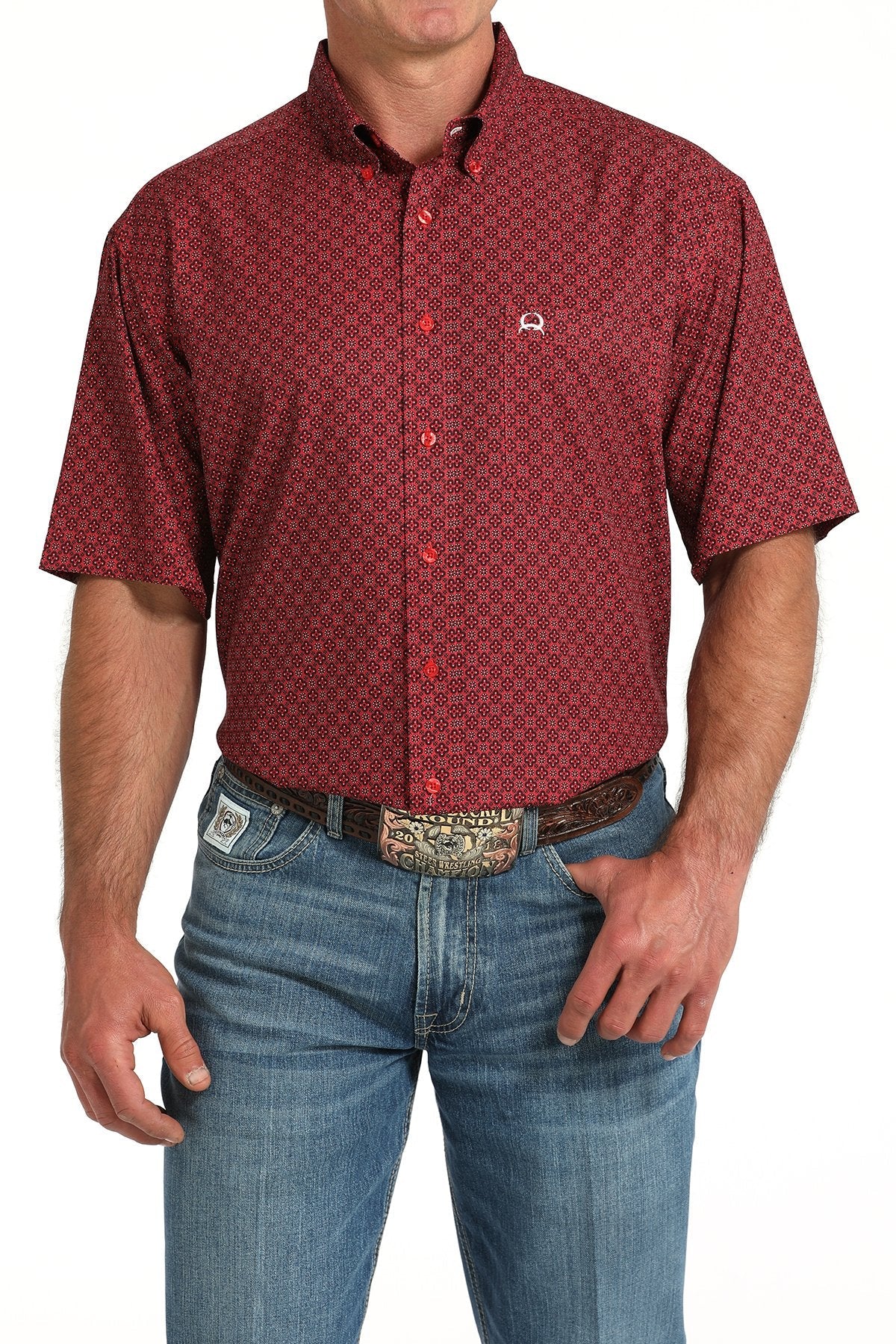 Cinch Men's Arenaflex Geometric Print Short Sleeve Shirt Red MTW1704155 - Southern Soule Designs