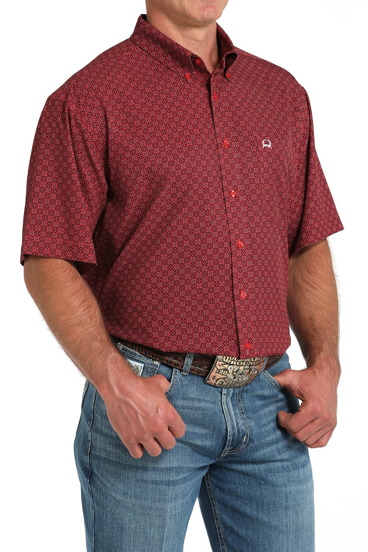 Cinch Men's Arenaflex Geometric Print Short Sleeve Shirt Red MTW1704155 - Southern Soule Designs