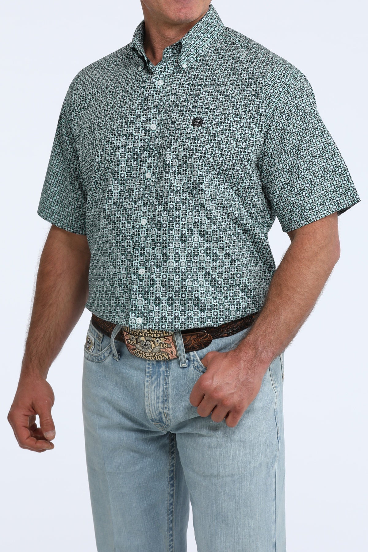 Cinch Men's Geometric Print Short Sleeve Shirt Green MTW1111528 - Southern Soule Designs