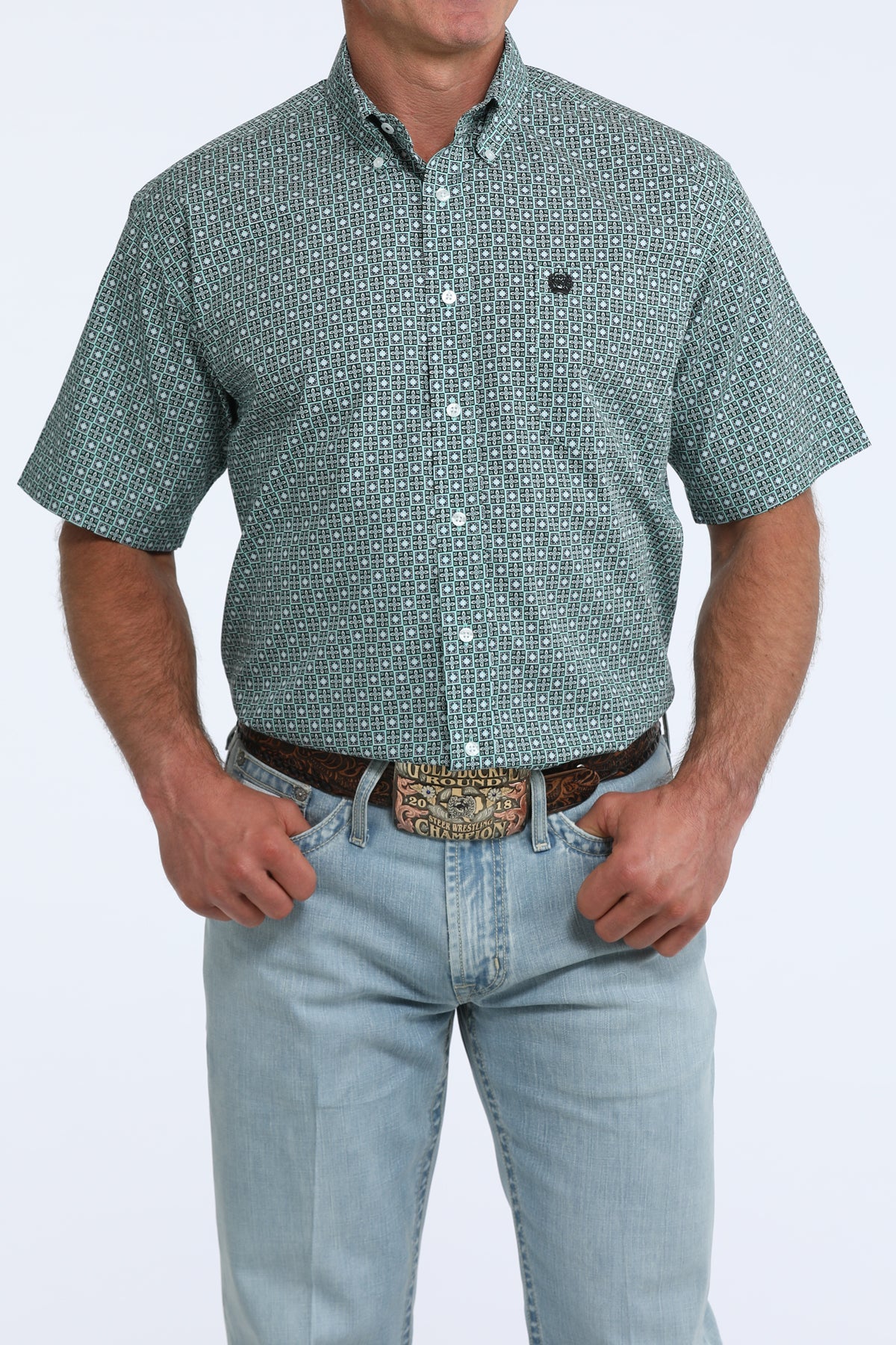 Cinch Men's Geometric Print Short Sleeve Shirt Green MTW1111528 - Southern Soule Designs