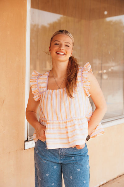 Citrus/Lavender Striped Ruffle Sleeve Blouse WL25 - 10049 - Southern Soule Designs